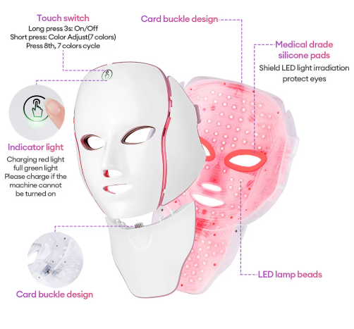 Mascarilla Facial LED de 7 Colores con Terapia de Luz para Rostro y Cuello